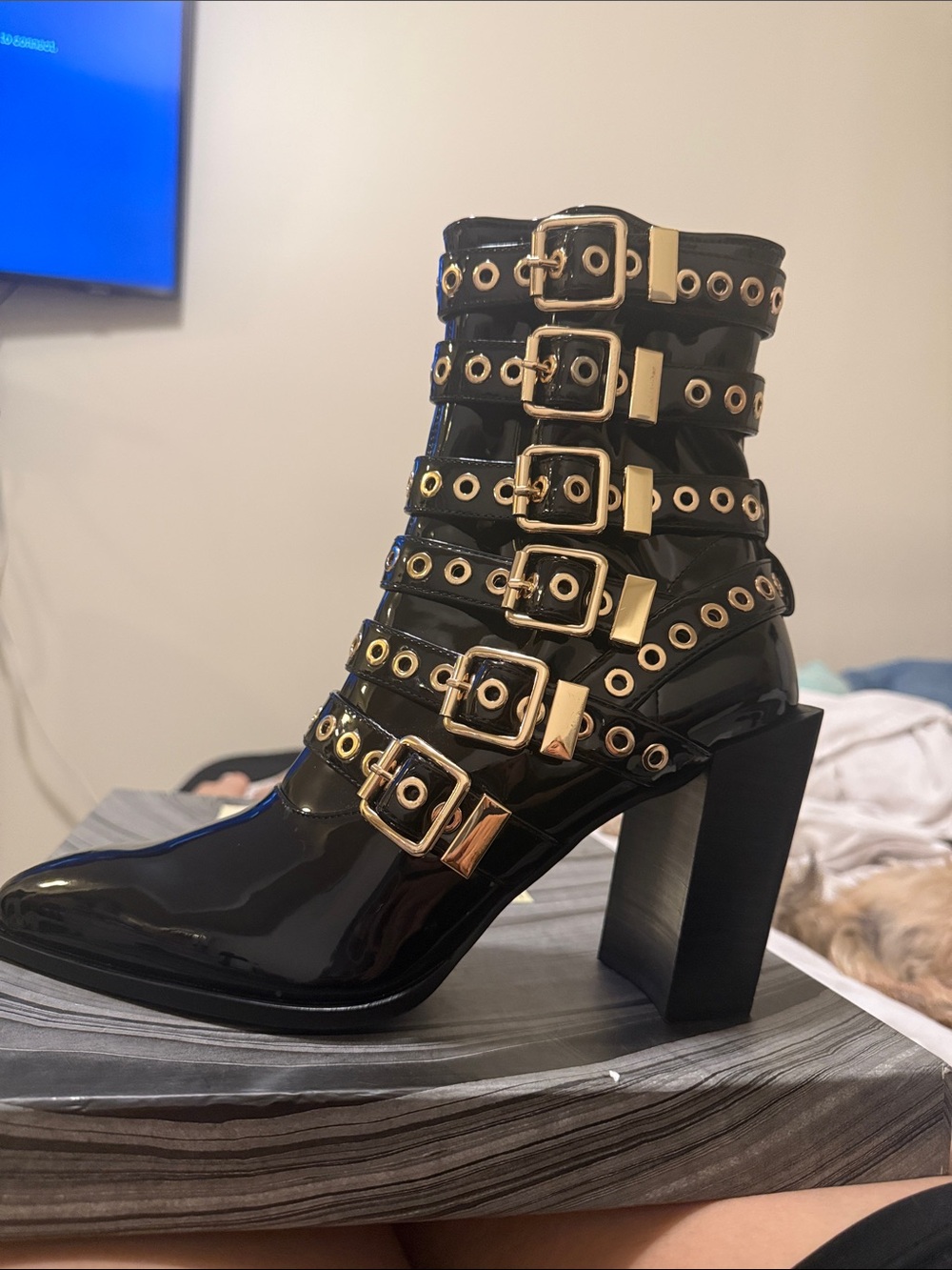 Jeffrey Campbell Black Patent Buckle Strap Ankle Boots with Gold Hardware
